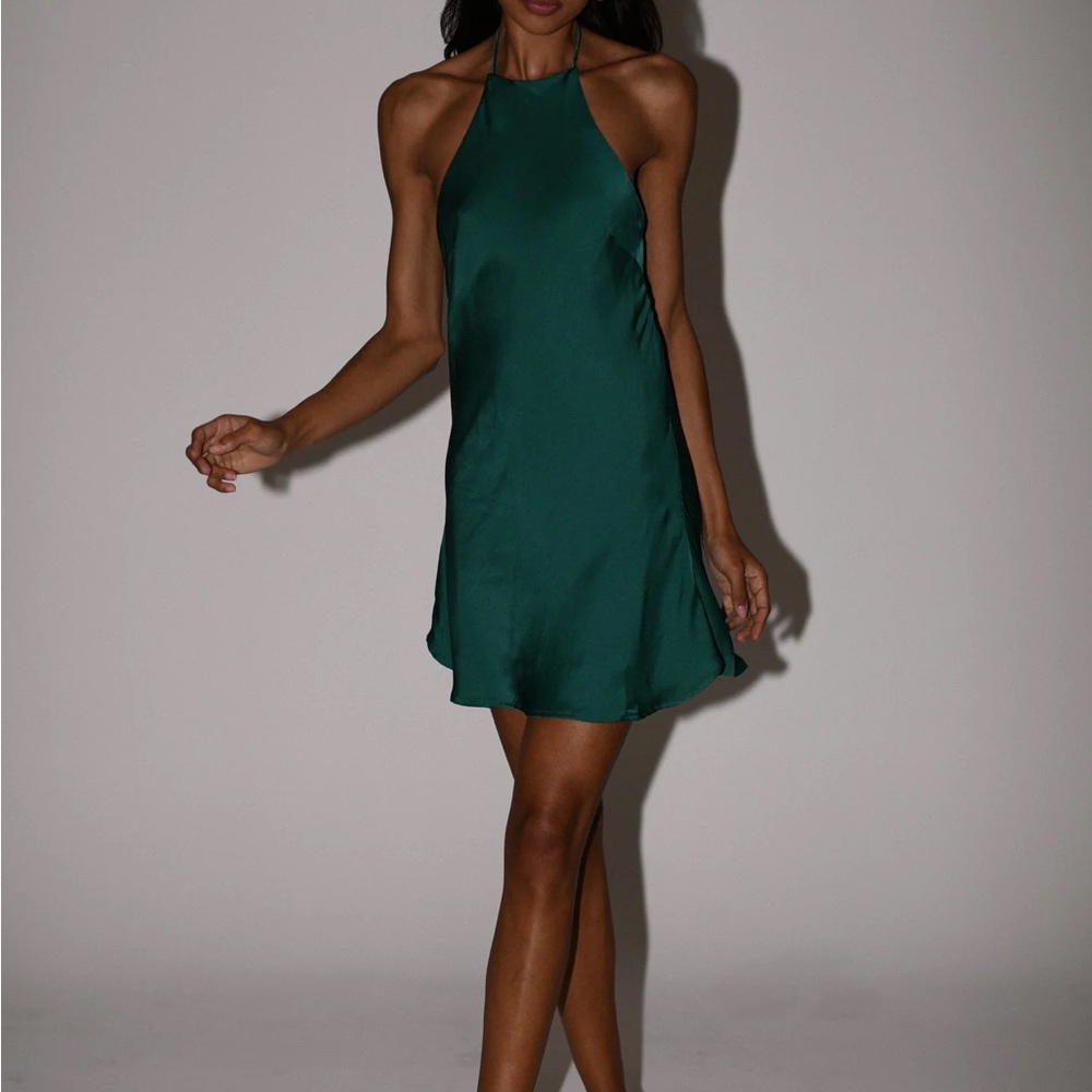 Meshki Atlas Satin Bow Mini Dress in Emerald